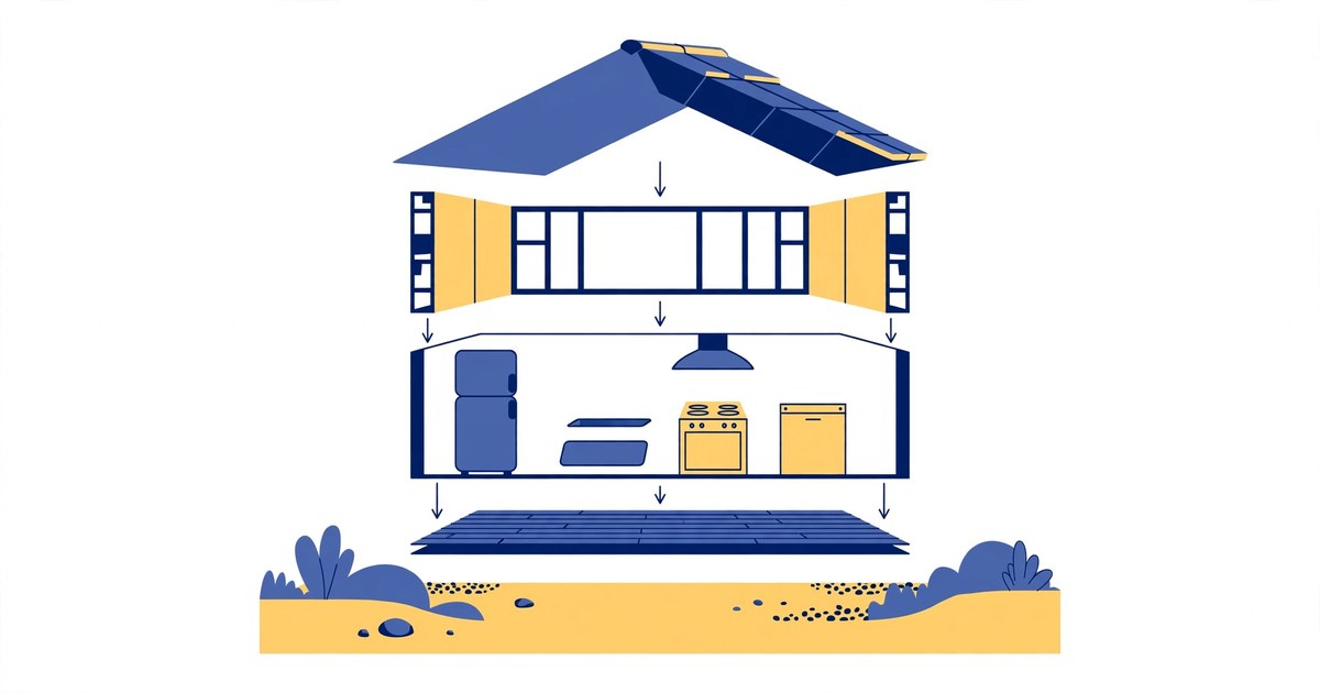 Exploded-view illustration of a house showing building components separated in different colors