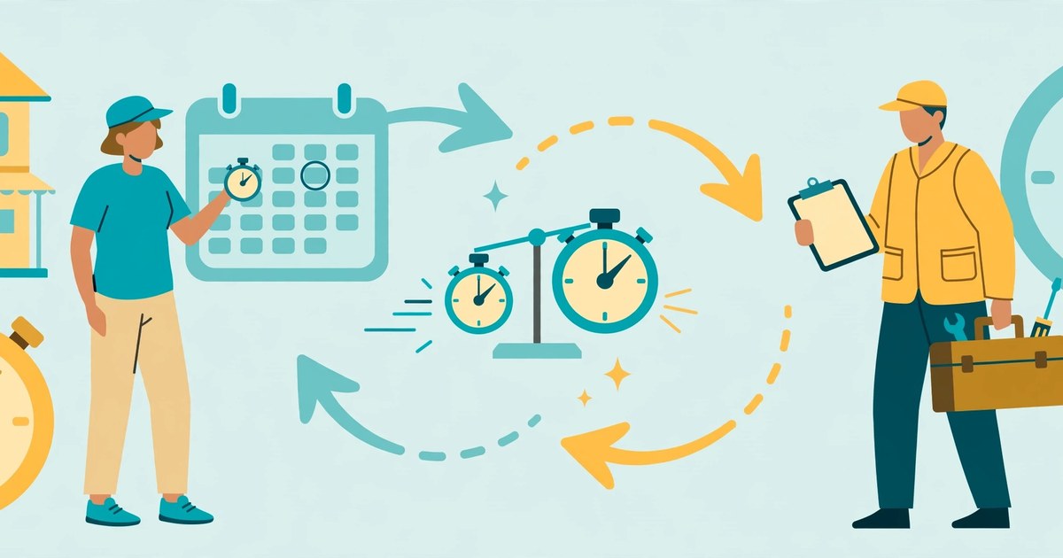 Flat illustration of a rental owner and a property manager each holding a stopwatch, comparing logged work hours