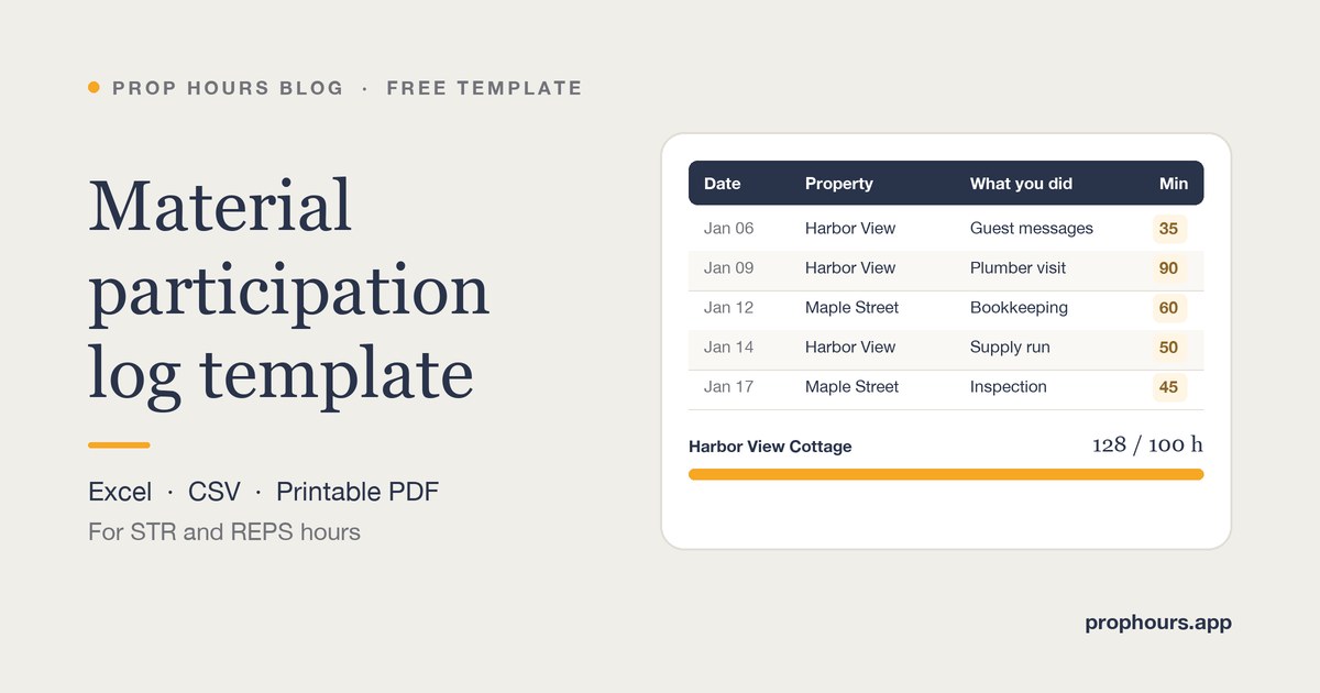 Material participation log template with dated rows for each property and an hour total against a 100-hour goal