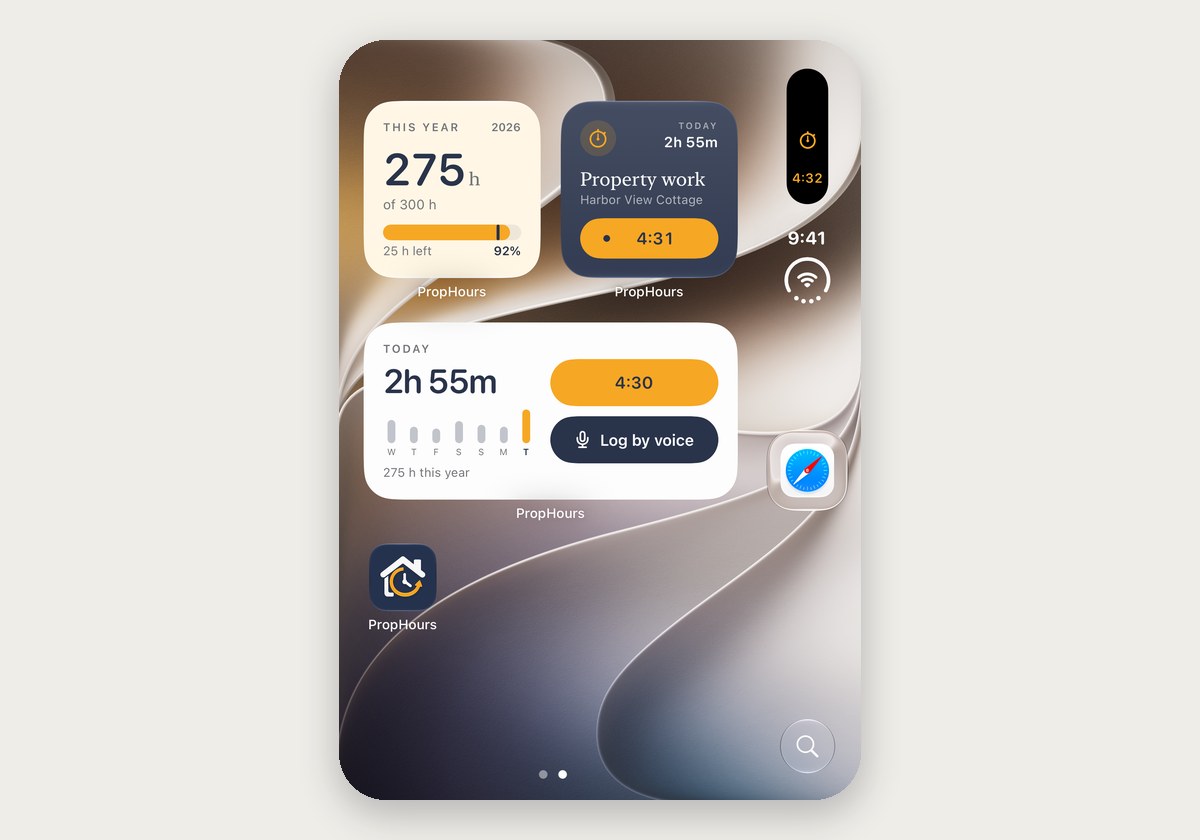 PropHours widgets and a running timer in the Dynamic Island on iPhone Duo's inner display