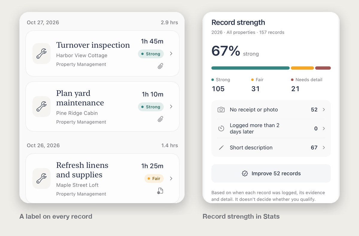 PropHours activity list with Strong and Fair labels, and the Record strength card in Stats showing 67 percent strong and records to improve