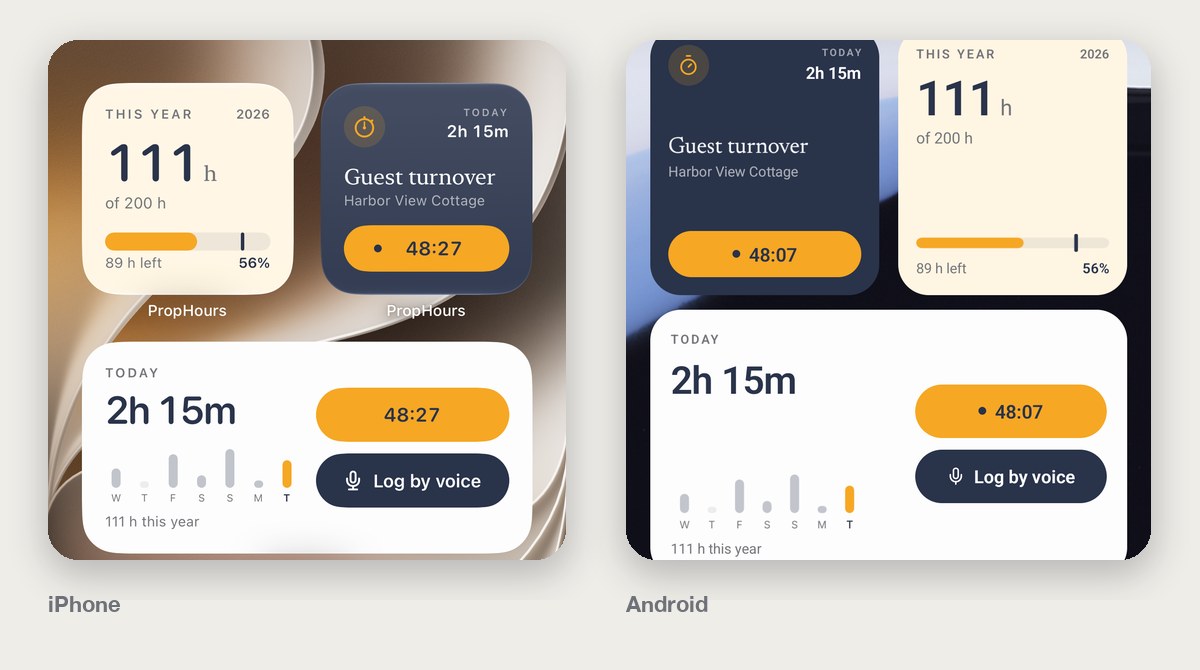 The This year, Start timer and Today widgets on an iPhone Home Screen and on an Android home screen