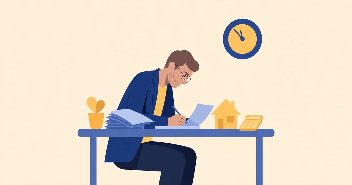 Flat illustration of a real estate professional reviewing property documents at a desk