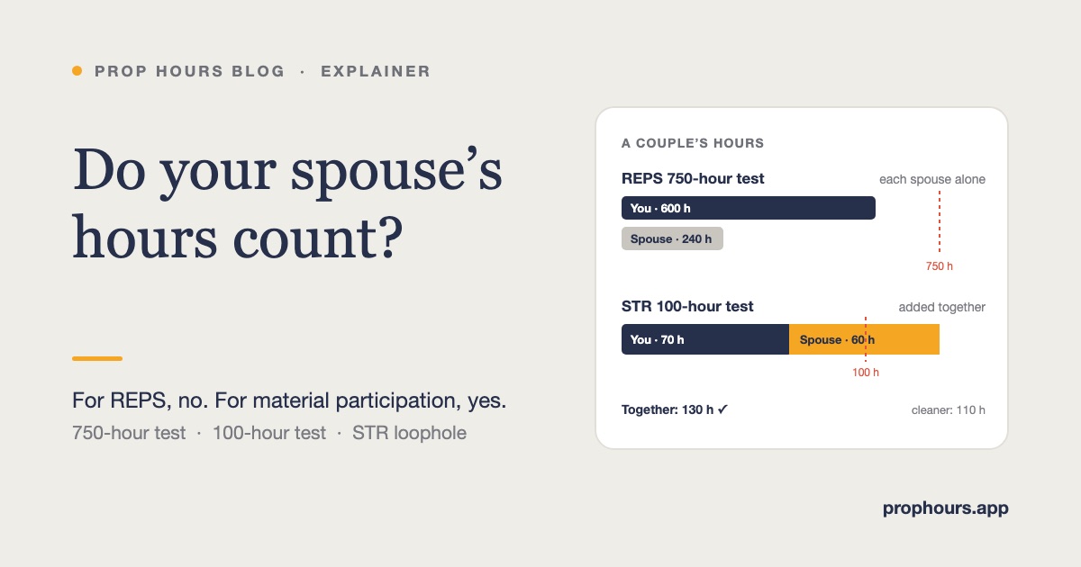 For REPS, each spouse's hours are measured separately against 750; for material participation, a couple's hours are added together