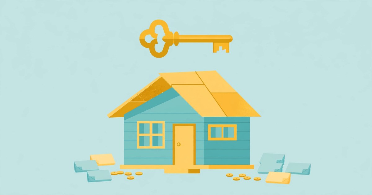 Flat illustration of a vacation rental house with a golden key, coins and documents